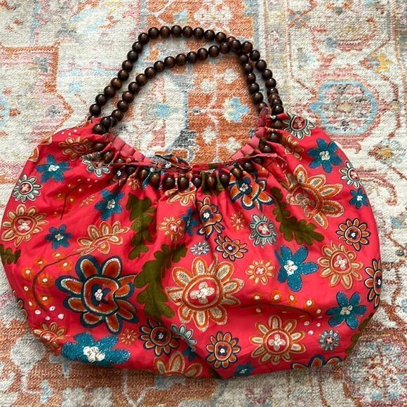 Handbags - Floral Beach Bag with Beaded Straps